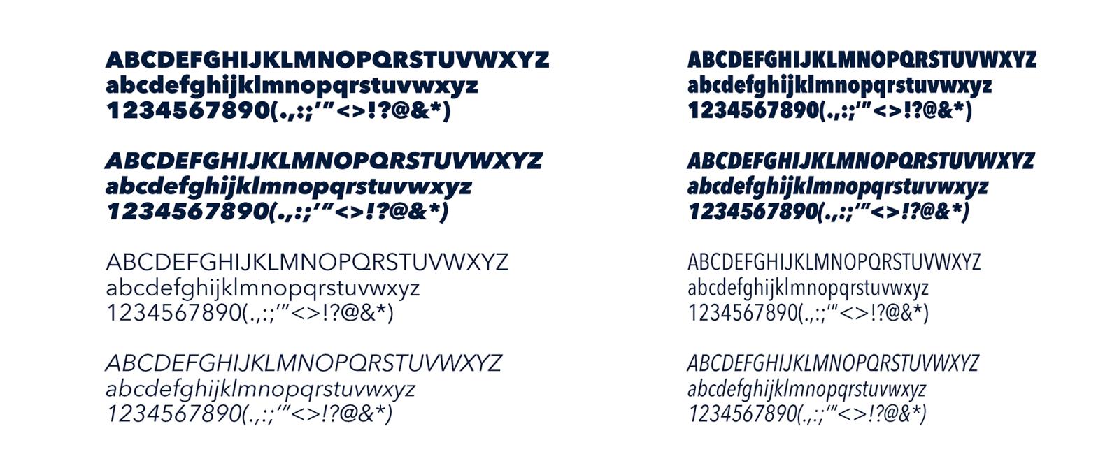 Alphabet and number examples for every weight of the Avenir Next LT Pro and Condensed typeface